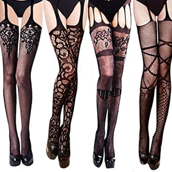 VERO MONTE Black Patterned Fishnet Tights Fishnets Stockings With Garter Belts - Picture 5 of 5